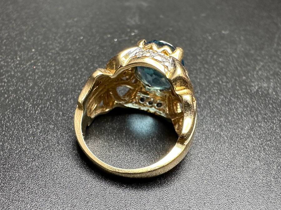 14k Gold Topaz Diamond Ring Set With A 12x10 London Blue Topaz & (6) 1.5mm Round Brilliant Diamonds Size 6.5 9.0g Retails $3,200 [Photo 12]