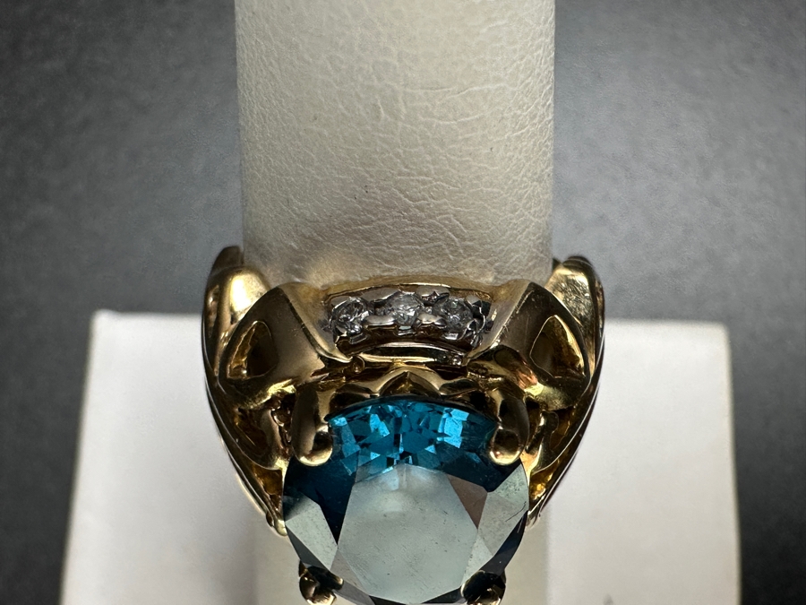 14k Gold Topaz Diamond Ring Set With A 12x10 London Blue Topaz & (6) 1.5mm Round Brilliant Diamonds Size 6.5 9.0g Retails $3,200 [Photo 7]