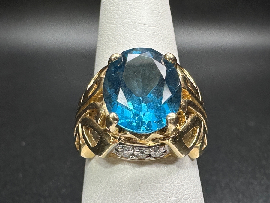 14k Gold Topaz Diamond Ring Set With A 12x10 London Blue Topaz & (6) 1.5mm Round Brilliant Diamonds Size 6.5 9.0g Retails $3,200 [Photo 3]