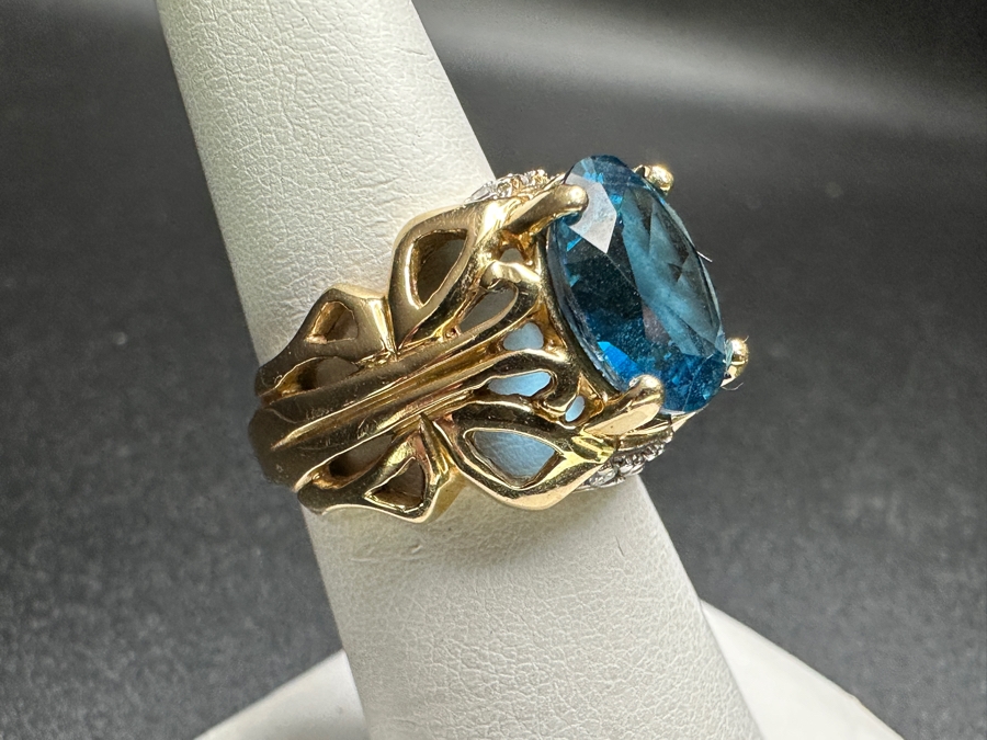 14k Gold Topaz Diamond Ring Set With A 12x10 London Blue Topaz & (6) 1.5mm Round Brilliant Diamonds Size 6.5 9.0g Retails $3,200 [Photo 8]