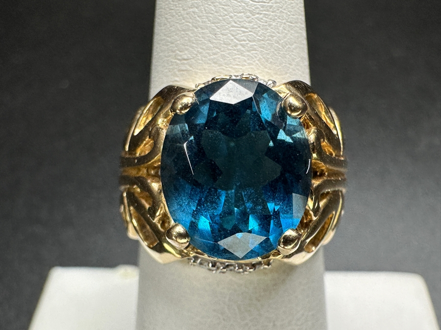 14k Gold Topaz Diamond Ring Set With A 12x10 London Blue Topaz & (6) 1.5mm Round Brilliant Diamonds Size 6.5 9.0g Retails $3,200 [Photo 5]
