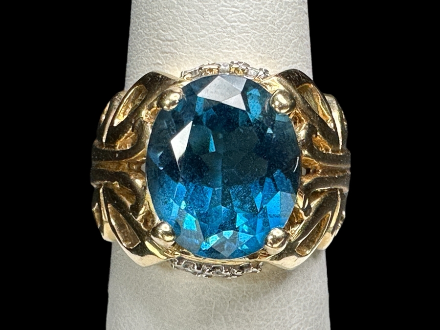 14k Gold Topaz Diamond Ring Set With A 12x10 London Blue Topaz & (6) 1.5mm Round Brilliant Diamonds Size 6.5 9.0g Retails $3,200
