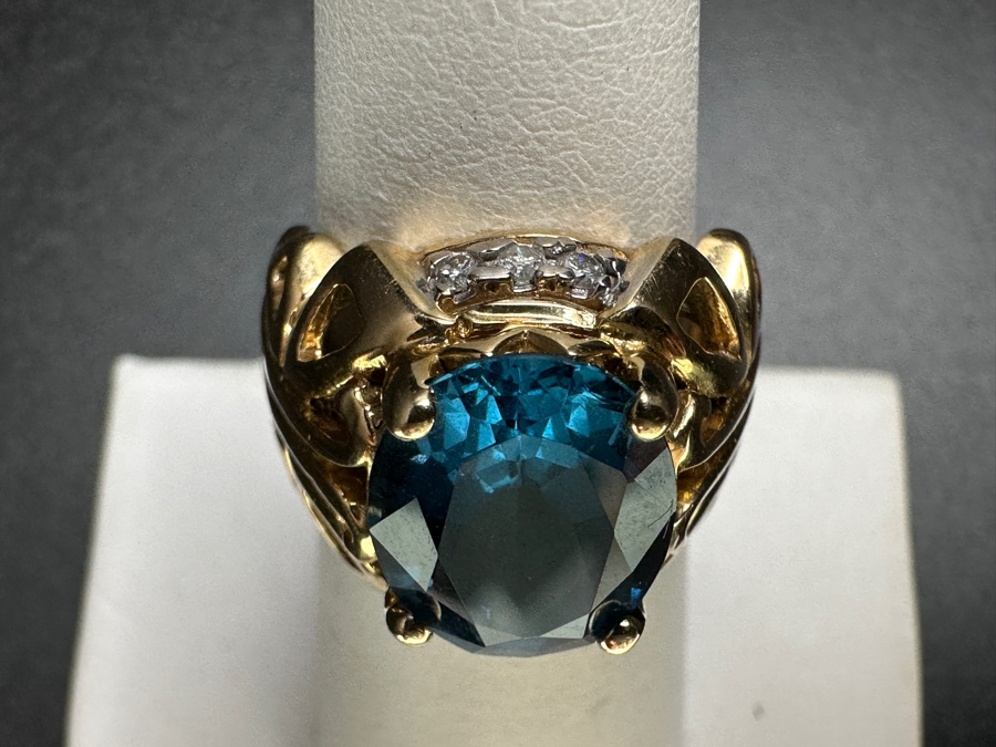14k Gold Topaz Diamond Ring Set With A 12x10 London Blue Topaz & (6) 1.5mm Round Brilliant Diamonds Size 6.5 9.0g Retails $3,200 [Photo 6]