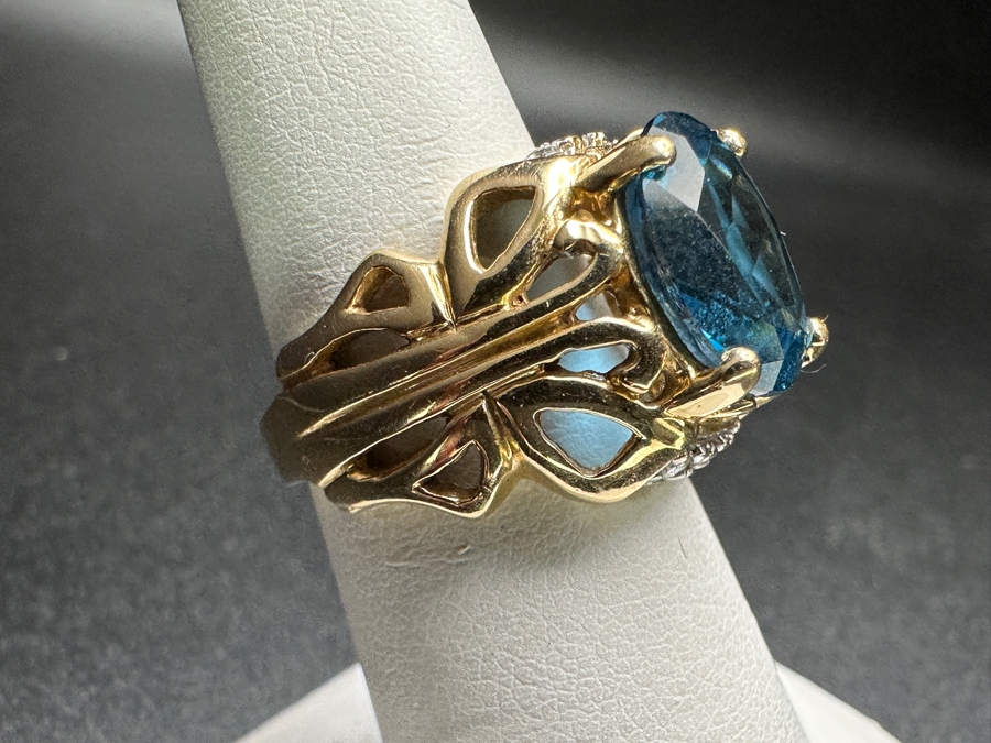 14k Gold Topaz Diamond Ring Set With A 12x10 London Blue Topaz & (6) 1.5mm Round Brilliant Diamonds Size 6.5 9.0g Retails $3,200 [Photo 9]
