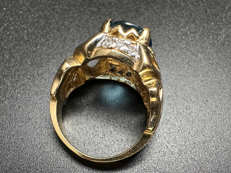 14k Gold Topaz Diamond Ring Set With A 12x10 London Blue Topaz & (6) 1.5mm Round Brilliant Diamonds Size 6.5 9.0g Retails $3,200 [Photo 11]