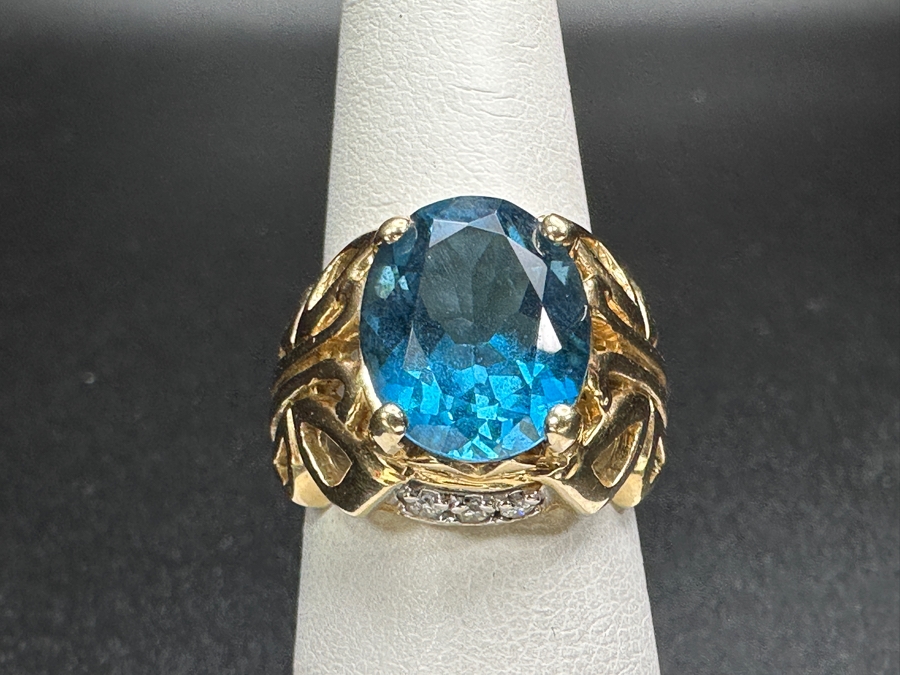 14k Gold Topaz Diamond Ring Set With A 12x10 London Blue Topaz & (6) 1.5mm Round Brilliant Diamonds Size 6.5 9.0g Retails $3,200 [Photo 2]