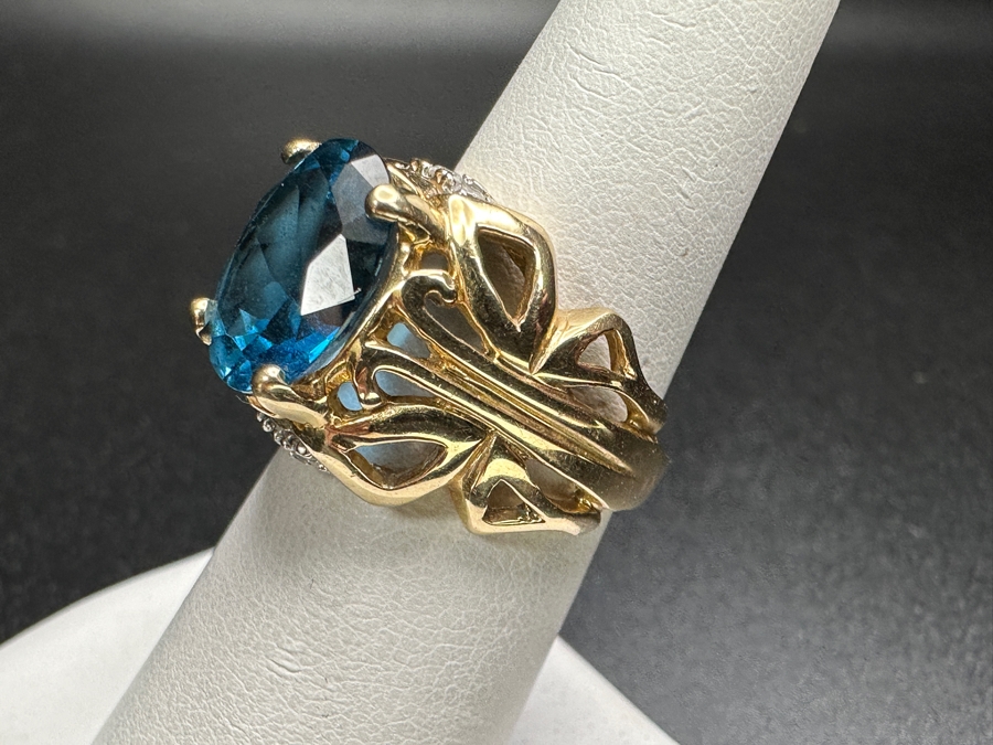 14k Gold Topaz Diamond Ring Set With A 12x10 London Blue Topaz & (6) 1.5mm Round Brilliant Diamonds Size 6.5 9.0g Retails $3,200 [Photo 10]