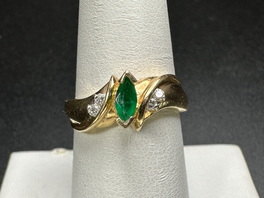 14k Gold Emerald Diamond Ring Set With 6x3mm Marquise Emerald & (4) 1.25mm Round Brilliant Diamonds Size 7.5 3.6g Retails $1,600 [Photo 2]