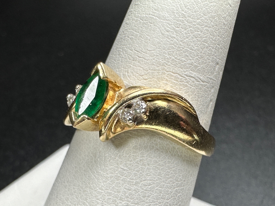 14k Gold Emerald Diamond Ring Set With 6x3mm Marquise Emerald & (4) 1.25mm Round Brilliant Diamonds Size 7.5 3.6g Retails $1,600 [Photo 5]