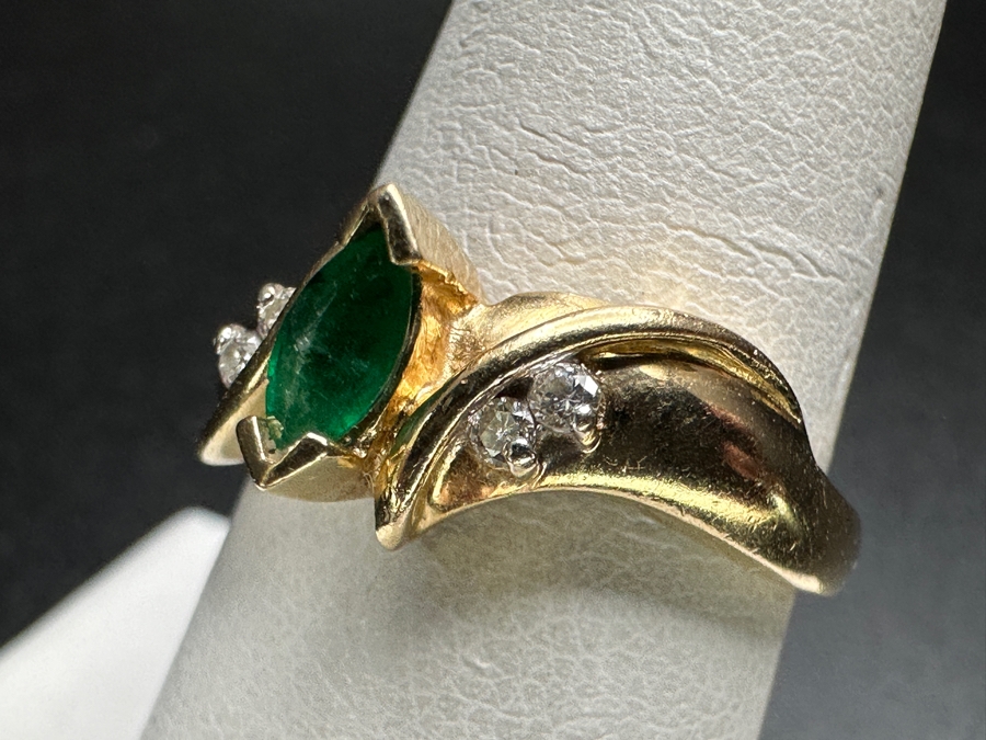 14k Gold Emerald Diamond Ring Set With 6x3mm Marquise Emerald & (4) 1.25mm Round Brilliant Diamonds Size 7.5 3.6g Retails $1,600 [Photo 6]