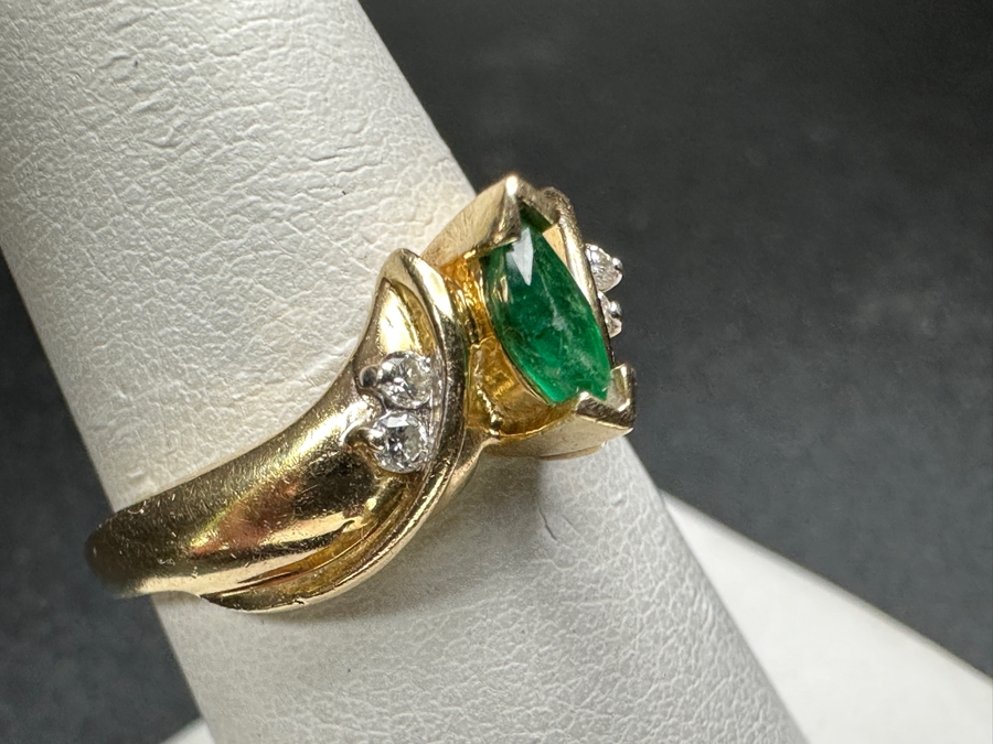 14k Gold Emerald Diamond Ring Set With 6x3mm Marquise Emerald & (4) 1.25mm Round Brilliant Diamonds Size 7.5 3.6g Retails $1,600 [Photo 4]