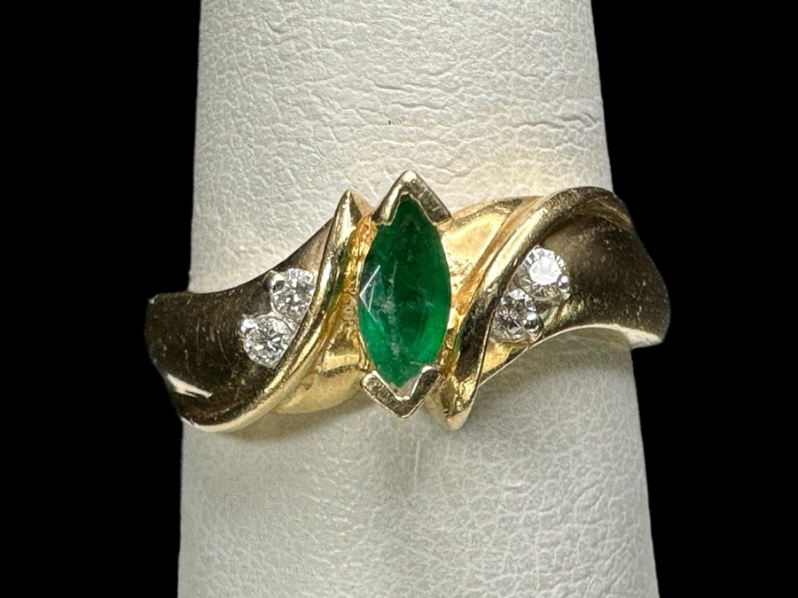 14k Gold Emerald Diamond Ring Set With 6x3mm Marquise Emerald & (4) 1.25mm Round Brilliant Diamonds Size 7.5 3.6g Retails $1,600