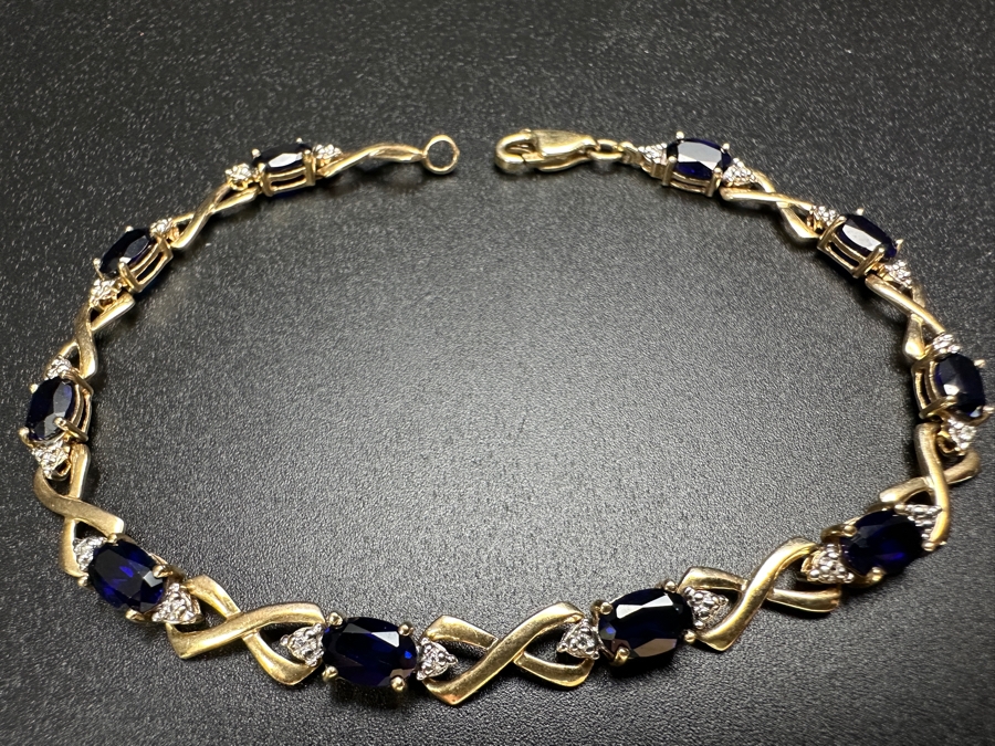 10k Gold Synthetic Sapphire Bracelet Set With (10) Synthetic Sapphires 7'L 6.5g Retails $1,500 [Photo 3]