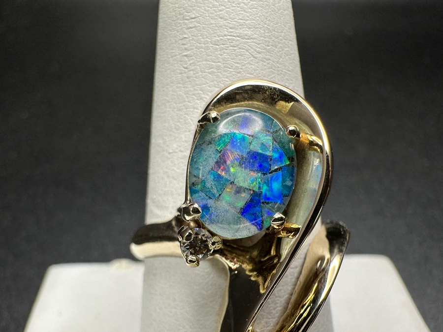 14k Gold Opal Diamond Ring Set With 10x8mm Opal Triplet & .05dia Round Brilliant Diamond Size 9 7.1g Retails $2,400 [Photo 2]