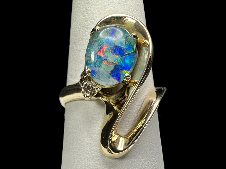 14k Gold Opal Diamond Ring Set With 10x8mm Opal Triplet & .05dia Round Brilliant Diamond Size 9 7.1g Retails $2,400