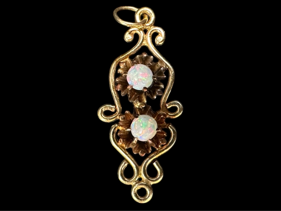 14k Gold Opal Pendant Set With (2) 3mm Round Cabochon Opals 1.6g Retails $550