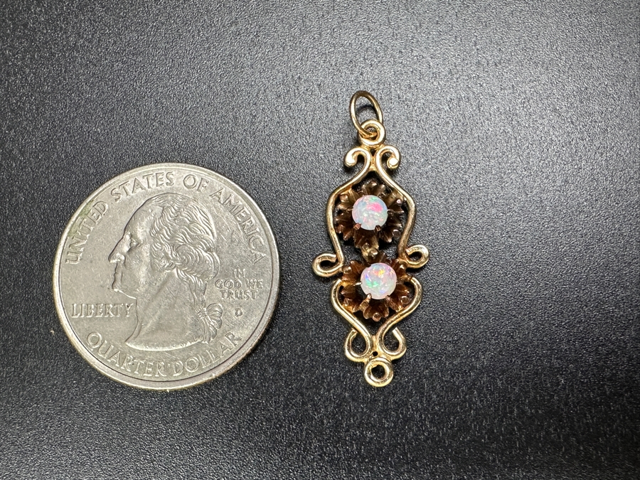 14k Gold Opal Pendant Set With (2) 3mm Round Cabochon Opals 1.6g Retails $550 [Photo 2]