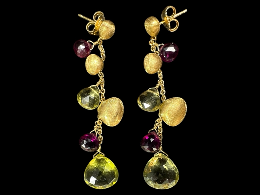 18k Gold Earrings Set With Peridot & Garnet Briolettes 8.2g Retails $3,000