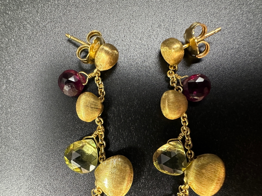 18k Gold Earrings Set With Peridot & Garnet Briolettes 8.2g Retails $3,000 [Photo 2]