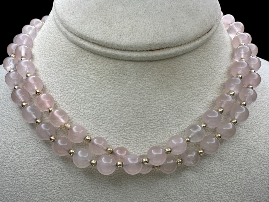 Rose Quartz & 14k Gold Bead 30' Necklace 54.8g Retails $400
