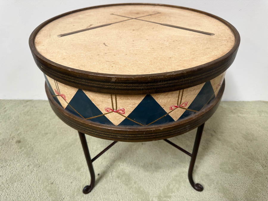 Hand Painted Wooden Drum Table With Metal Stand 20.5W X 20H [Photo 3]
