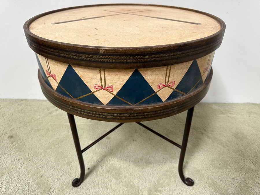 Hand Painted Wooden Drum Table With Metal Stand 20.5W X 20H [Photo 6]