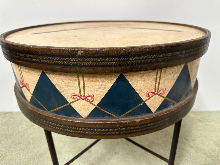 Hand Painted Wooden Drum Table With Metal Stand 20.5W X 20H [Photo 7]