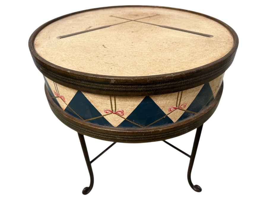 Hand Painted Wooden Drum Table With Metal Stand 20.5W X 20H