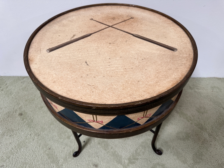 Hand Painted Wooden Drum Table With Metal Stand 20.5W X 20H [Photo 2]