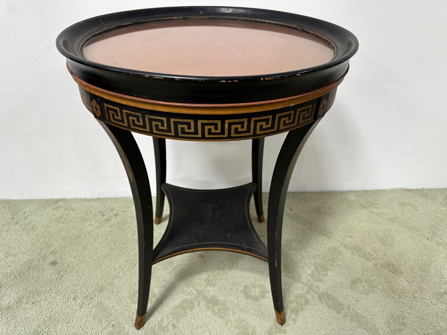 Vintage Imperial Grand Rapids Cabinet Making Certified Round Table With Removable Glass Tray And Greek Key Ornamentation 20W X 26H [Photo 3]