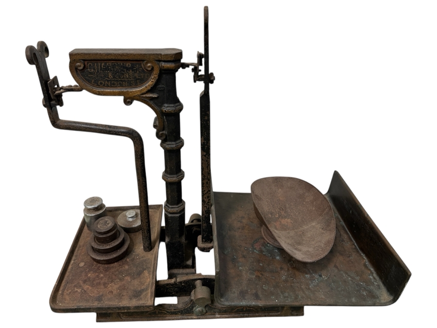 Antique Cast Iron Butcher's Scale From London, England With Weights 24.5W X 13D X 23H