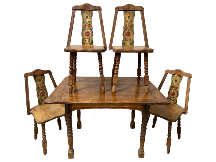 Rare 1930s Old California Signed Monterey Furniture (4) Hand Painted Wooden Chairs Each Individually Signed Monterey And Hand Painted Wooden Table Signed Monterey Underneath 46W X 34D X 30H With 2 10' Leaves