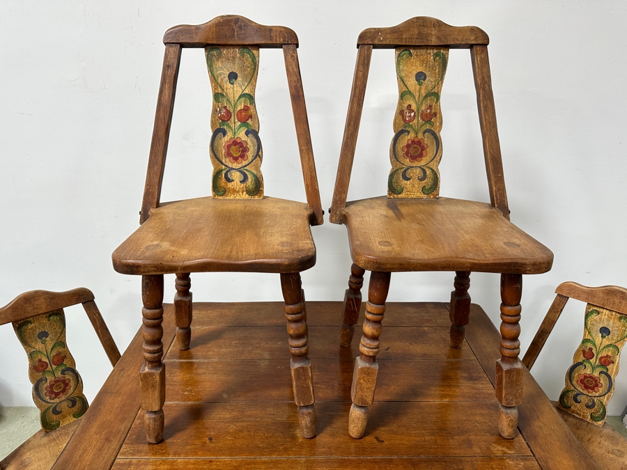 Rare 1930s Old California Signed Monterey Furniture (4) Hand Painted Wooden Chairs Each Individually Signed Monterey And Hand Painted Wooden Table Signed Monterey Underneath 46W X 34D X 30H With 2 10' Leaves [Photo 5]