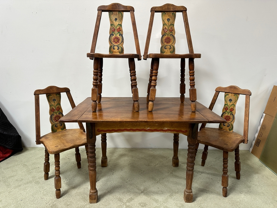 Rare 1930s Old California Signed Monterey Furniture (4) Hand Painted Wooden Chairs Each Individually Signed Monterey And Hand Painted Wooden Table Signed Monterey Underneath 46W X 34D X 30H With 2 10' Leaves [Photo 3]