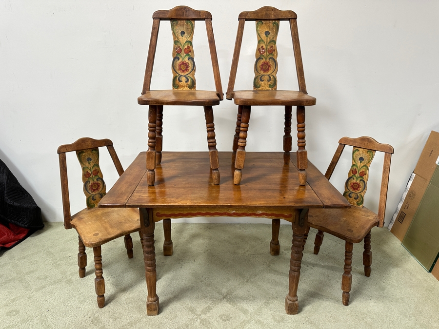 Rare 1930s Old California Signed Monterey Furniture (4) Hand Painted Wooden Chairs Each Individually Signed Monterey And Hand Painted Wooden Table Signed Monterey Underneath 46W X 34D X 30H With 2 10' Leaves [Photo 2]