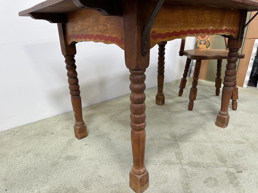 Rare 1930s Old California Signed Monterey Furniture (4) Hand Painted Wooden Chairs Each Individually Signed Monterey And Hand Painted Wooden Table Signed Monterey Underneath 46W X 34D X 30H With 2 10' Leaves [Photo 15]