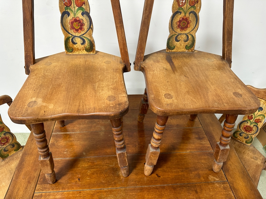 Rare 1930s Old California Signed Monterey Furniture (4) Hand Painted Wooden Chairs Each Individually Signed Monterey And Hand Painted Wooden Table Signed Monterey Underneath 46W X 34D X 30H With 2 10' Leaves [Photo 9]