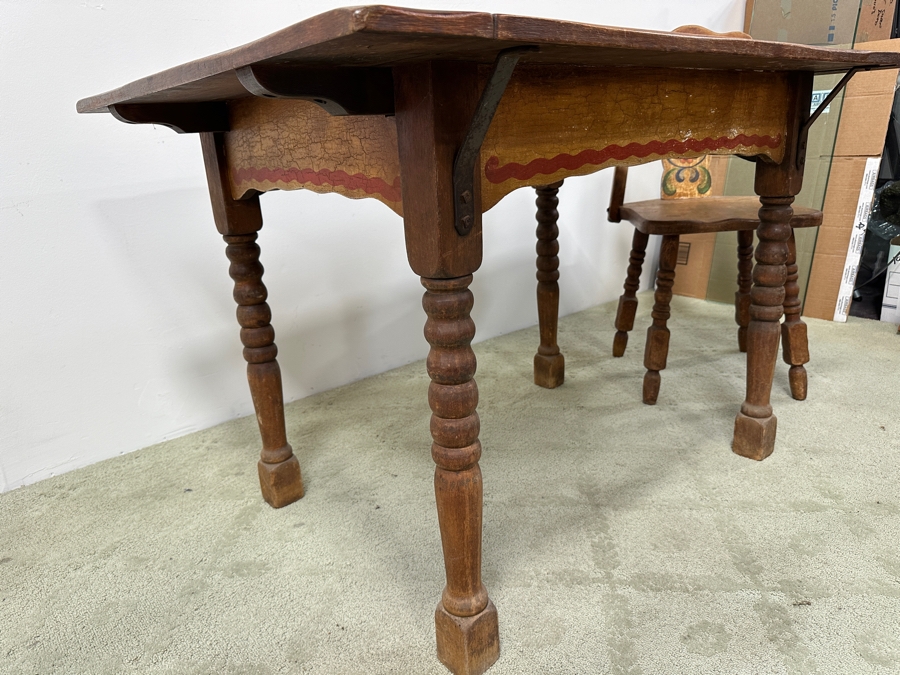 Rare 1930s Old California Signed Monterey Furniture (4) Hand Painted Wooden Chairs Each Individually Signed Monterey And Hand Painted Wooden Table Signed Monterey Underneath 46W X 34D X 30H With 2 10' Leaves [Photo 16]