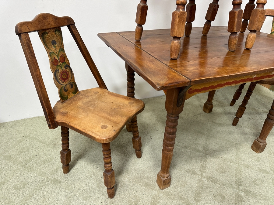 Rare 1930s Old California Signed Monterey Furniture (4) Hand Painted Wooden Chairs Each Individually Signed Monterey And Hand Painted Wooden Table Signed Monterey Underneath 46W X 34D X 30H With 2 10' Leaves [Photo 7]