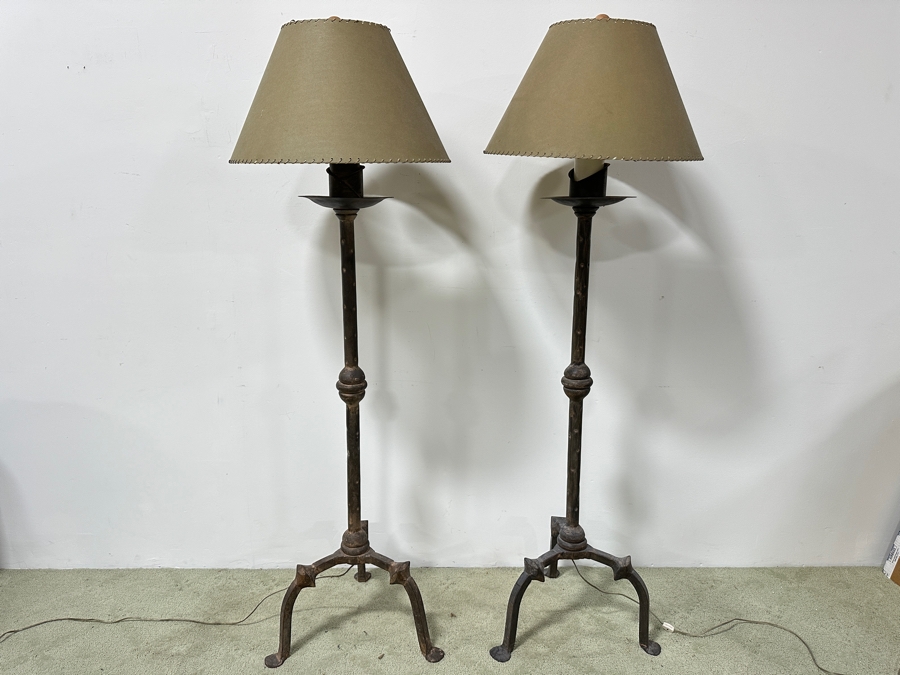 Pair Of Heavy Solid Spanish Style Wrought Iron Floor Lamps With Tripod Bases 69'H [Photo 2]