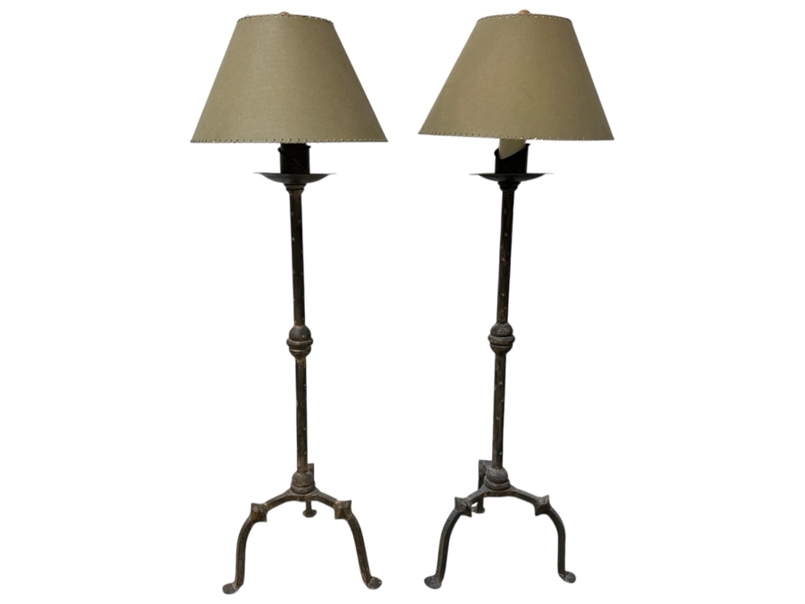 Pair Of Heavy Solid Spanish Style Wrought Iron Floor Lamps With Tripod Bases 69'H
