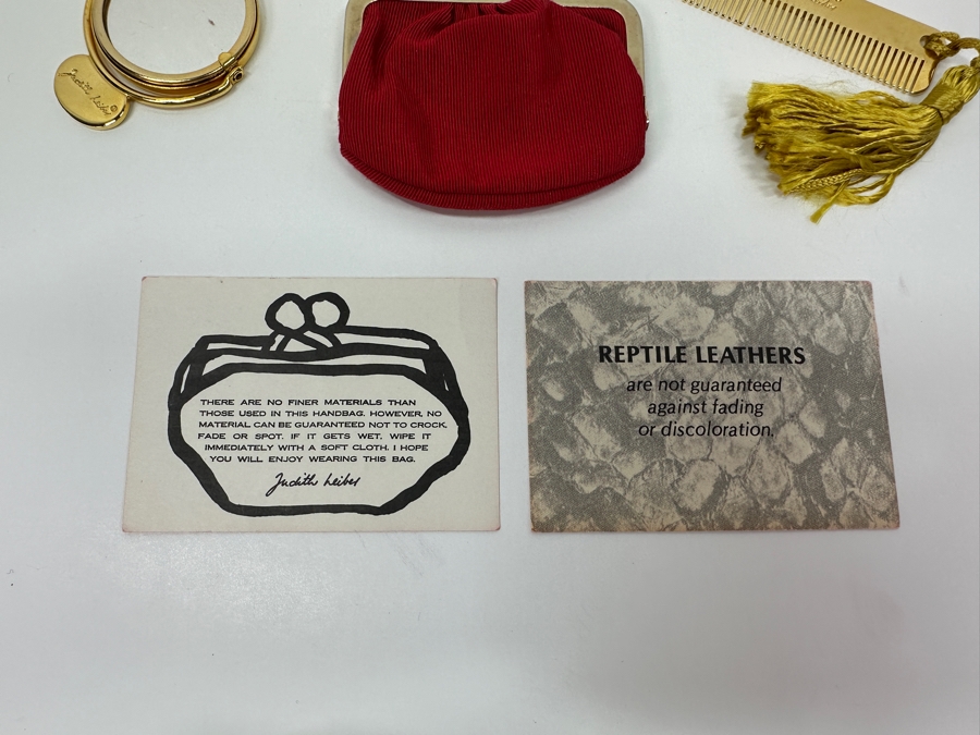 Vintage Judith Leiber Red Reptile Leather Handbag With Comb, Mirror And Change Purse Plus The Original Dust Bag And Original Judith Leiber Box [Photo 8]