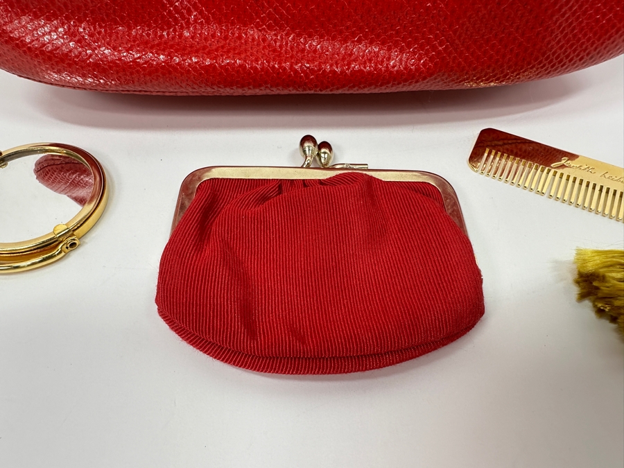 Vintage Judith Leiber Red Reptile Leather Handbag With Comb, Mirror And Change Purse Plus The Original Dust Bag And Original Judith Leiber Box [Photo 4]
