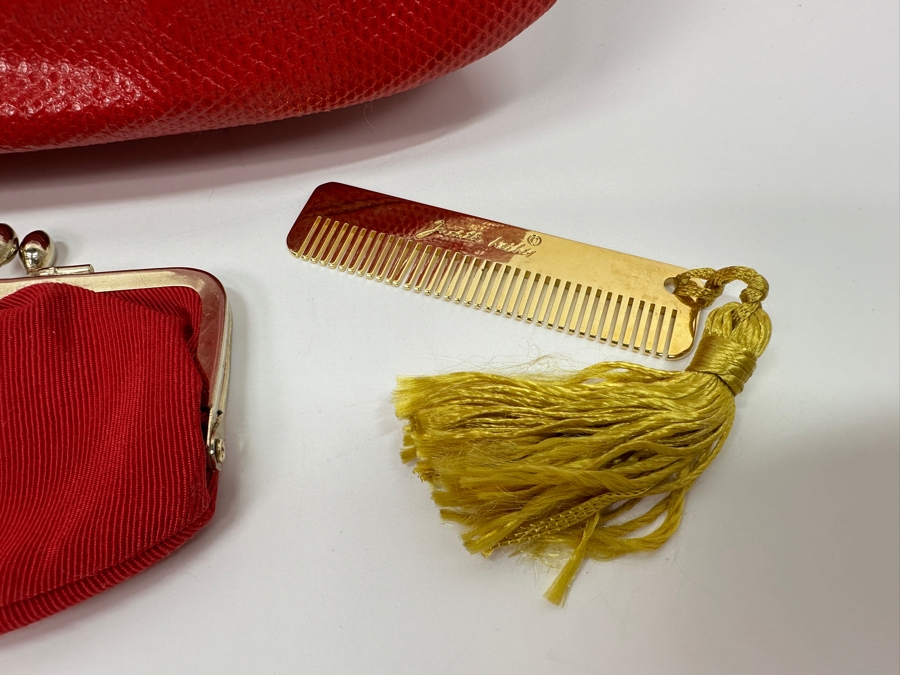 Vintage Judith Leiber Red Reptile Leather Handbag With Comb, Mirror And Change Purse Plus The Original Dust Bag And Original Judith Leiber Box [Photo 5]