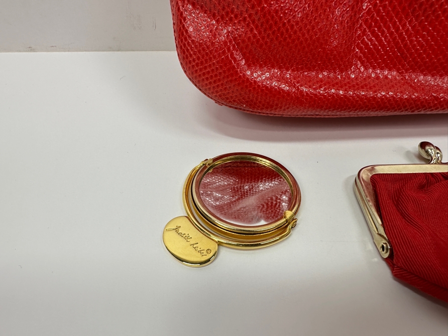 Vintage Judith Leiber Red Reptile Leather Handbag With Comb, Mirror And Change Purse Plus The Original Dust Bag And Original Judith Leiber Box [Photo 3]