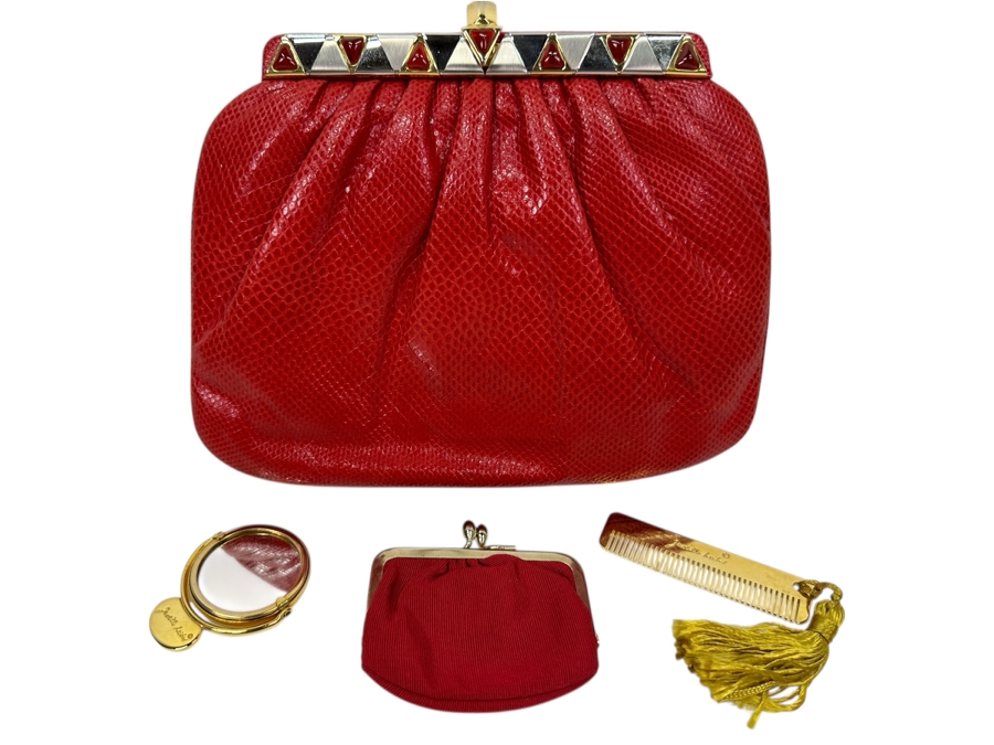 Vintage Judith Leiber Red Reptile Leather Handbag With Comb, Mirror And Change Purse Plus The Original Dust Bag And Original Judith Leiber Box