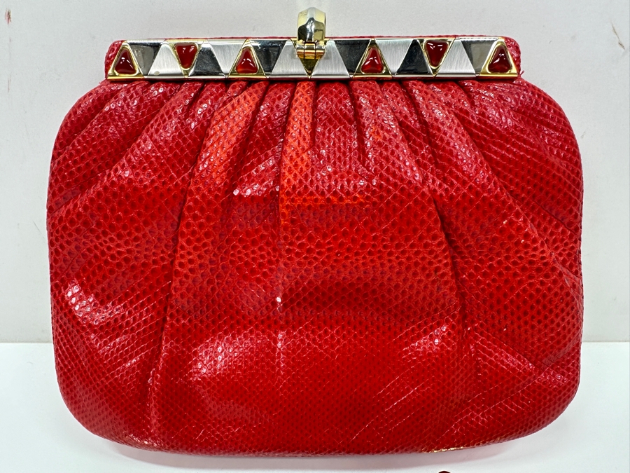Vintage Judith Leiber Red Reptile Leather Handbag With Comb, Mirror And Change Purse Plus The Original Dust Bag And Original Judith Leiber Box [Photo 6]