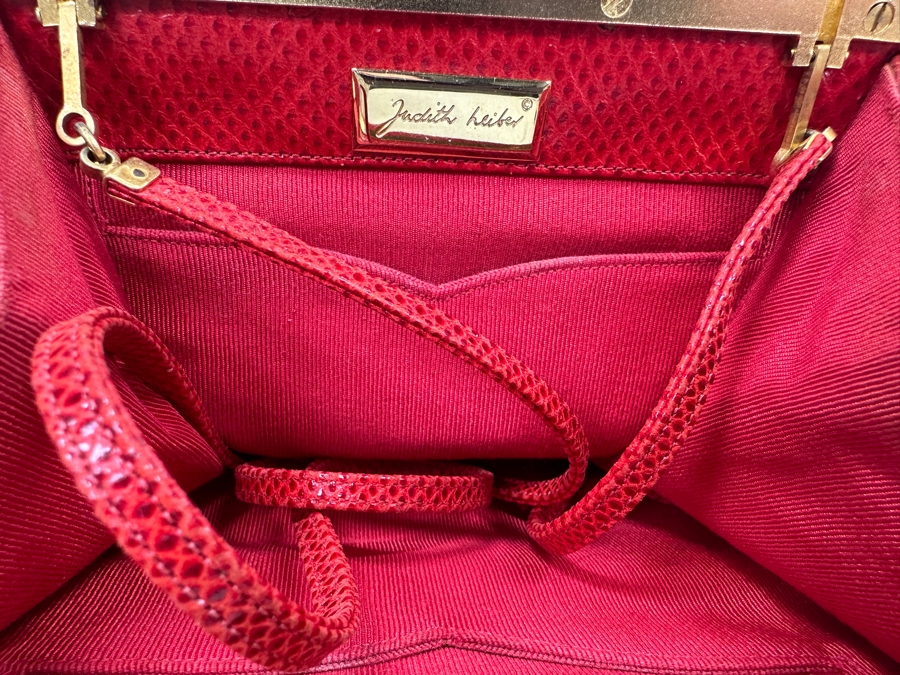 Vintage Judith Leiber Red Reptile Leather Handbag With Comb, Mirror And Change Purse Plus The Original Dust Bag And Original Judith Leiber Box [Photo 7]