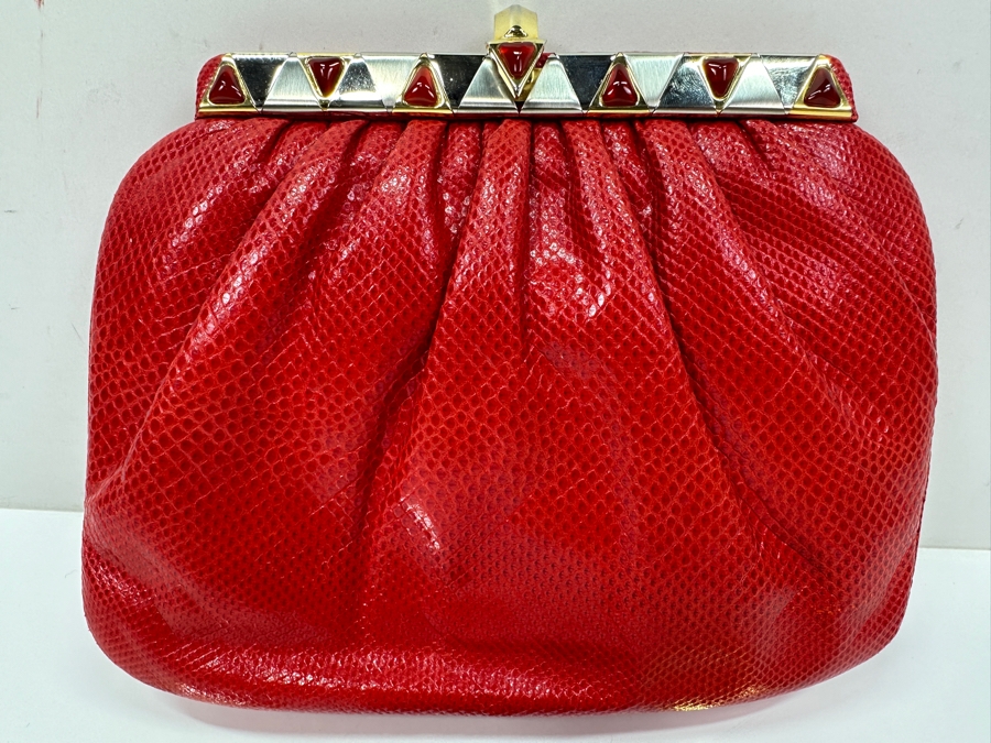 Vintage Judith Leiber Red Reptile Leather Handbag With Comb, Mirror And Change Purse Plus The Original Dust Bag And Original Judith Leiber Box [Photo 2]