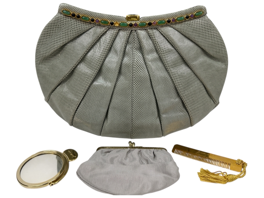 Vintage Judith Leiber Reptile Leather Handbag With Comb, Mirror And Change Purse Plus The Original Dust Bag And Original Judith Leiber Box